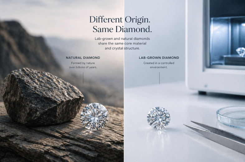 Lab-grown and natural diamonds compared by origin while retaining diamond identity