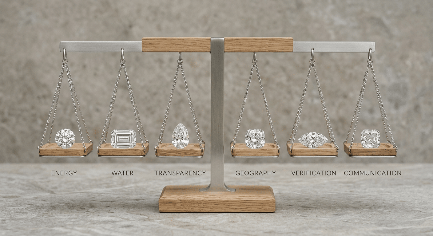 A balanced framework for reviewing energy, water, materials, transparency and verification in a diamond claim