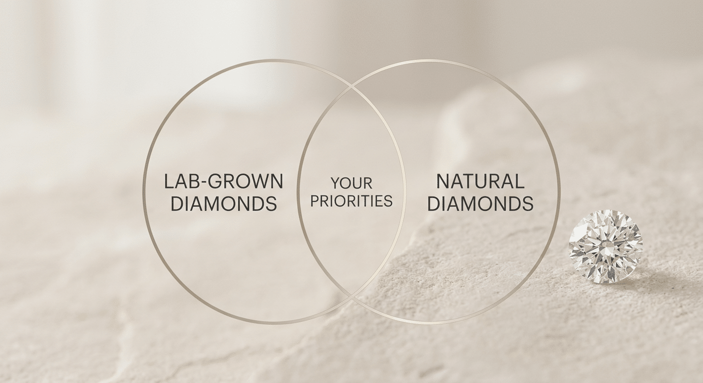 A simple Venn diagram showing two overlapping circles labeled "Lab-Grown Diamonds" and "Natural Diamonds." The overlap area is labeled "Your Priorities."