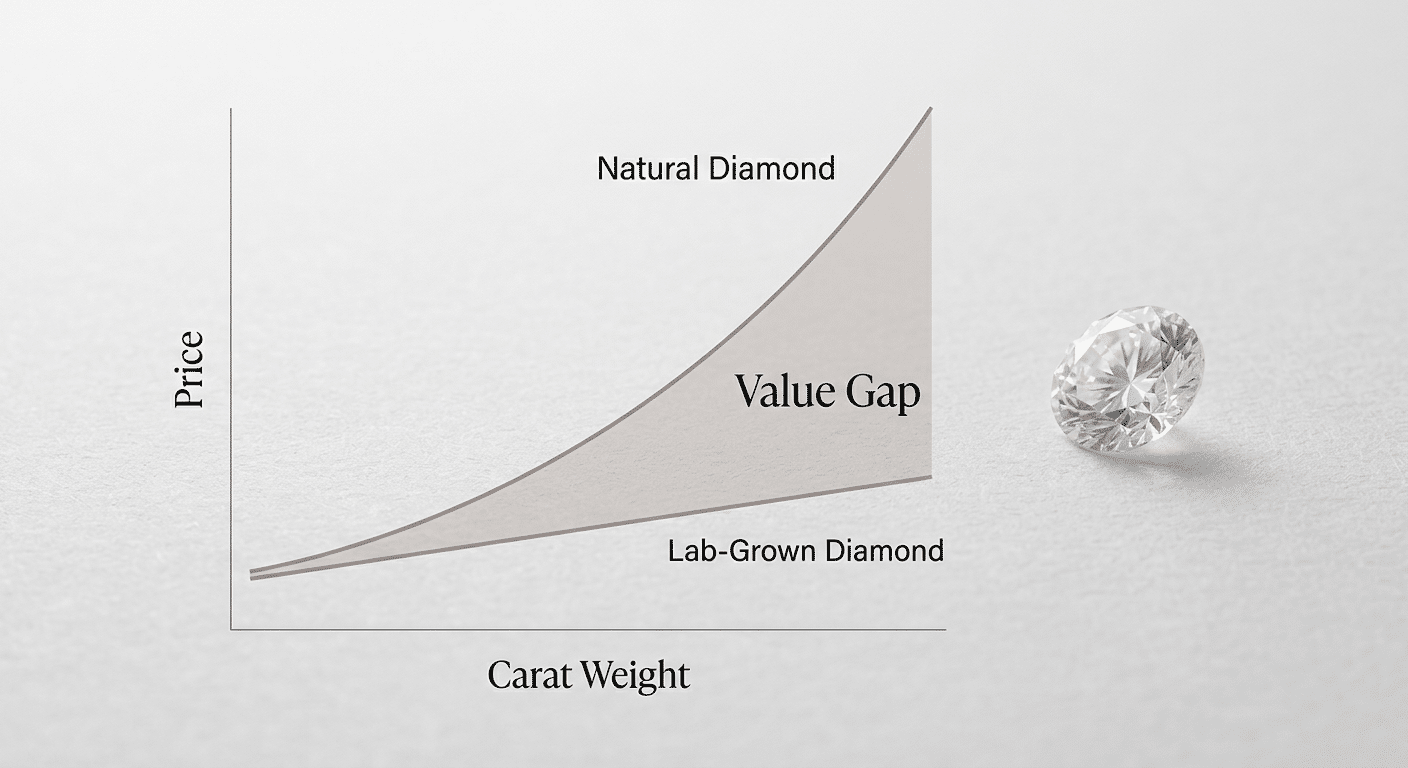 A line graph comparing two curves. The "Natural Diamond" curve rises steeply, especially after 1 carat. The "Lab-Grown Diamond" curve rises gradually and linearly. The area between the curves at a fixed budget line is shaded, labeled "Value Gap."