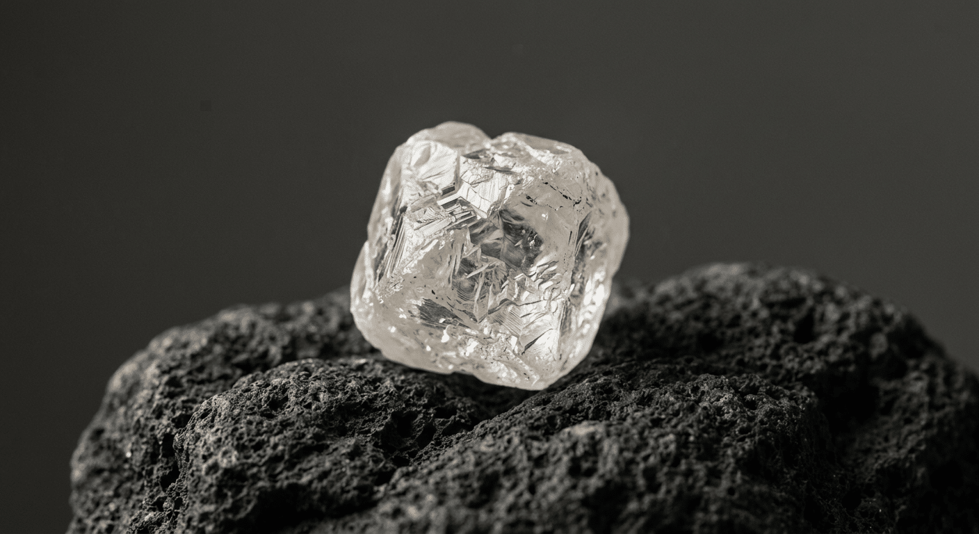A dramatic, artistic photo of a rough, uncut natural diamond on dark rock, emphasizing its raw, ancient appearance.