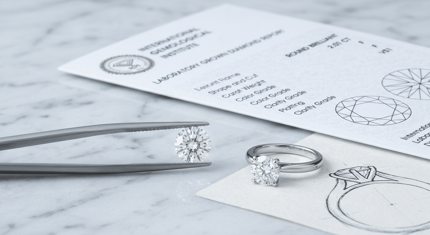 Side-by-side comparison of a loose lab-grown diamond next to a completed custom setting, highlighting girdle thickness, facet alignment, and setting prong clearance