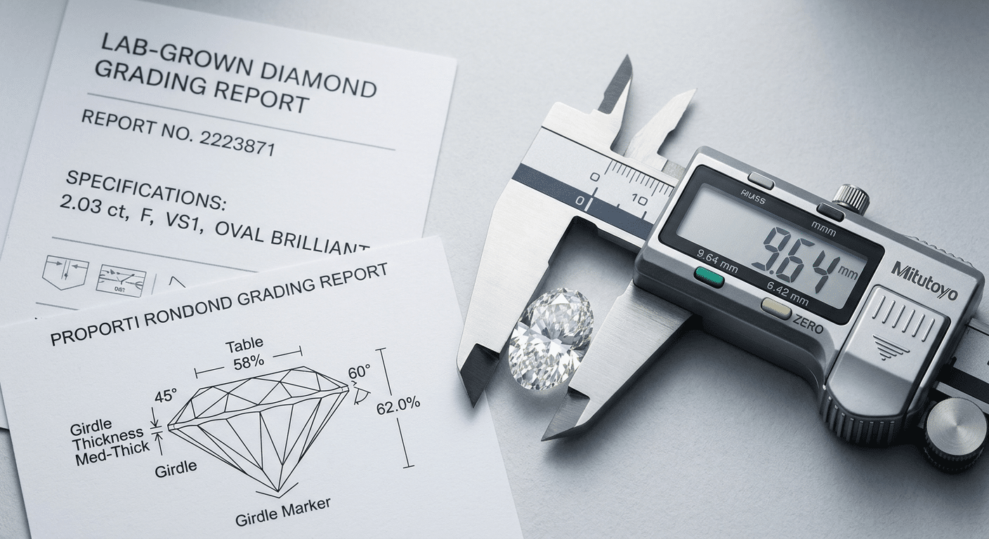 Close-up of a digital caliper measuring the length-to-width ratio of an oval lab diamond alongside a grading report, with visible girdle thickness markers