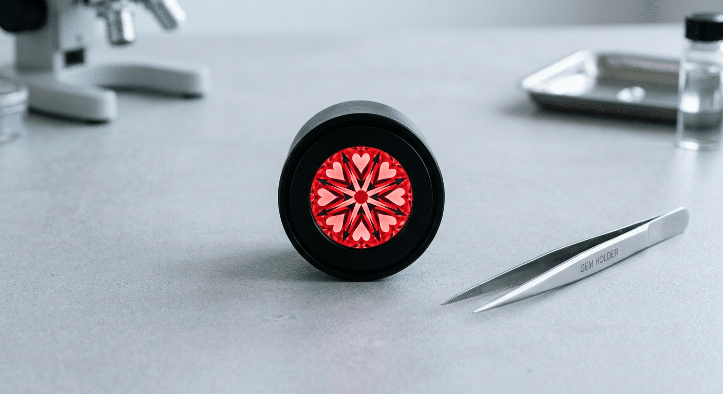 Overhead view of a lab diamond under an IdealScope reflector, showing distinct red and dark contrast patterns used to evaluate light return symmetry and cut precision