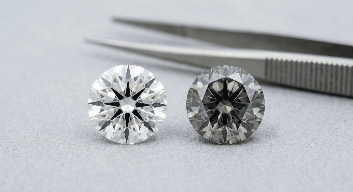 side-by-side macro photography showing ideal round brilliant proportions versus common depth-heavy cuts under controlled studio lighting