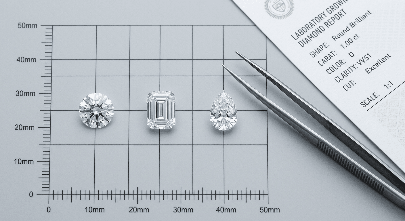 top-down comparison of three lab-grown diamonds with identical carat weights but different shapes and millimeter dimensions, displayed on a measurement grid