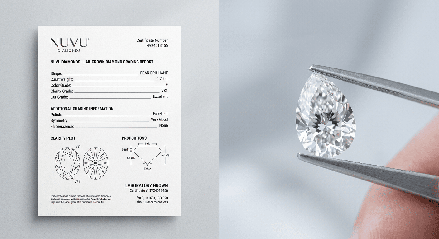 side-by-side comparison of a lab-grown diamond grading report next to a high-resolution video still showing subtle bow-tie shading and light return under diffused studio lighting