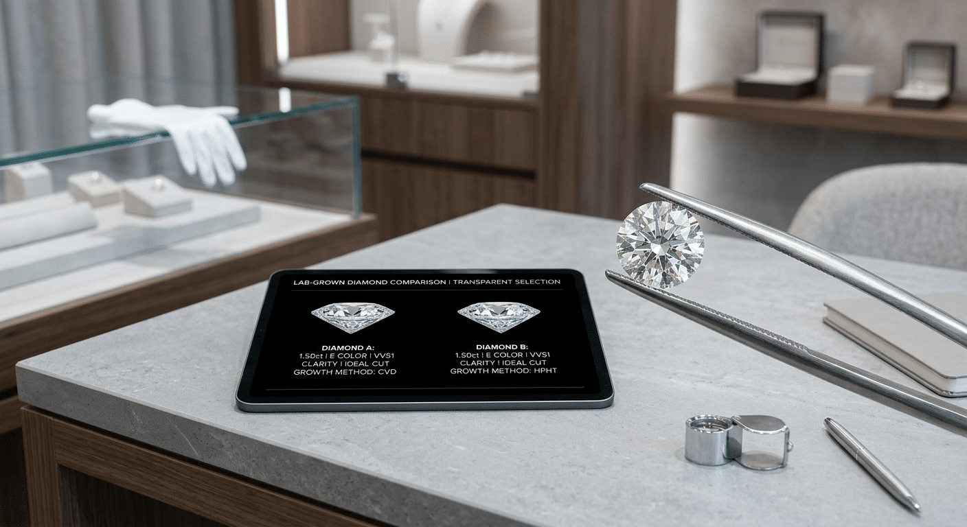 A buyer reviewing two lab-grown diamond listings on a tablet, comparing identical 4C grades with different growth method notations on the screen