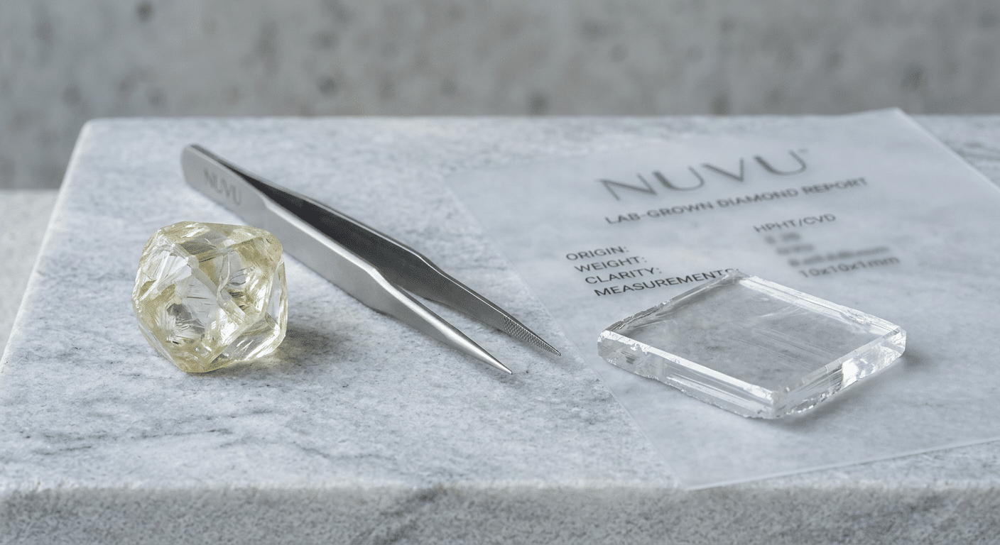 Close-up view of lab-grown diamond crystals in early growth stages, showing the geometric structure differences between pressure-formed and vapor-deposited stones