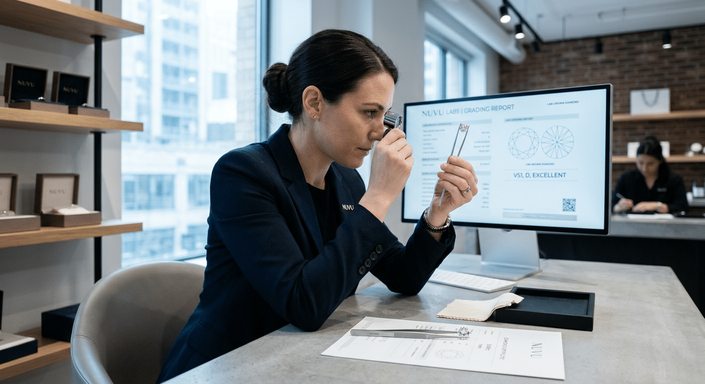 A jeweler examining a graded lab-grown diamond under mixed lighting, comparing the stone's visual performance to the grading report comments on a monitor