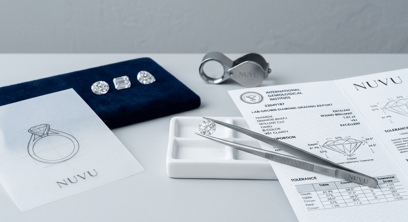 Commercial buyer reviewing grading distribution sheets and proportion tolerance documentation alongside standardized diamond inventory trays