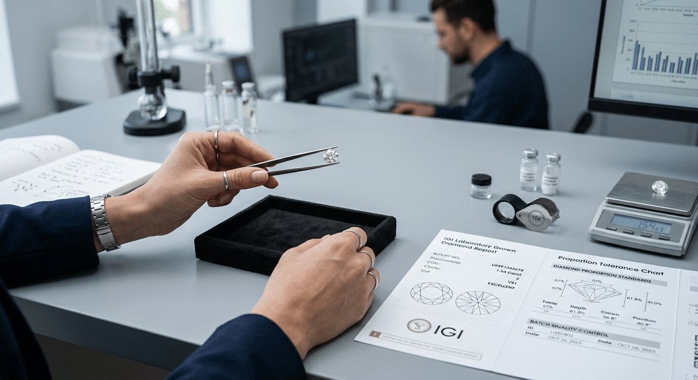 Procurement manager comparing batch grading reports, proportion tolerance charts, and verified certification records across different sourcing channels