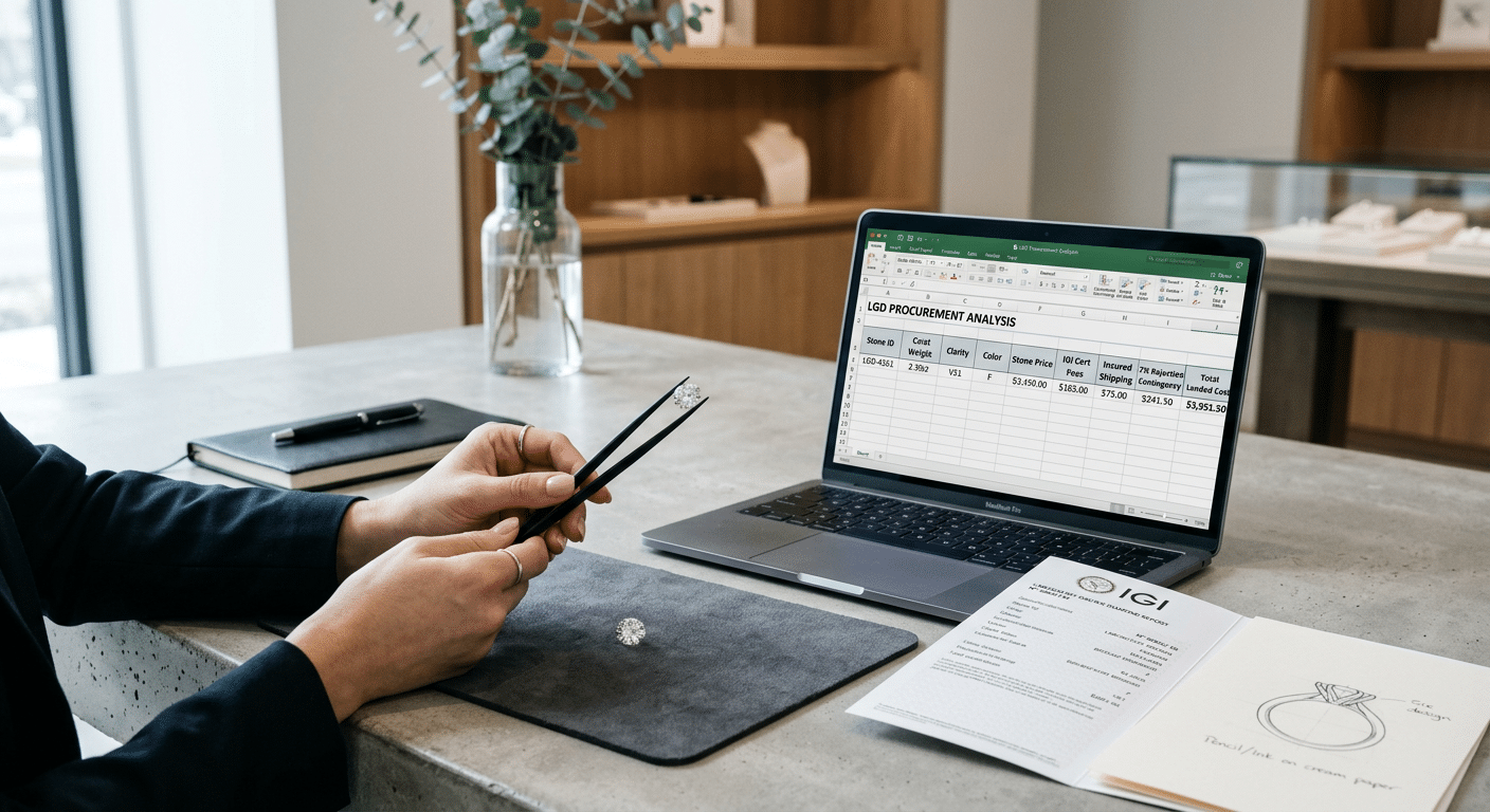 Commercial buyer reviewing a side-by-side landed cost spreadsheet with columns for stone price, certification fees, insured shipping, and a contingency buffer