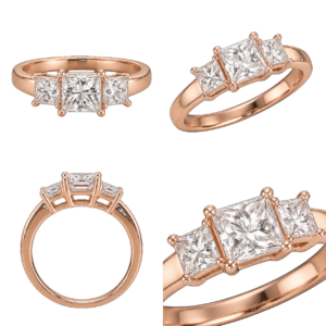 Rose Gold Princess Three-Stone Diamond Ring