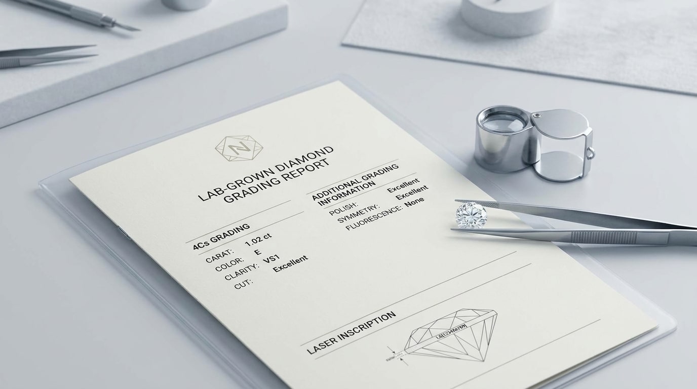 Close-up of a lab-grown diamond grading report showing the 4Cs and laser inscription details