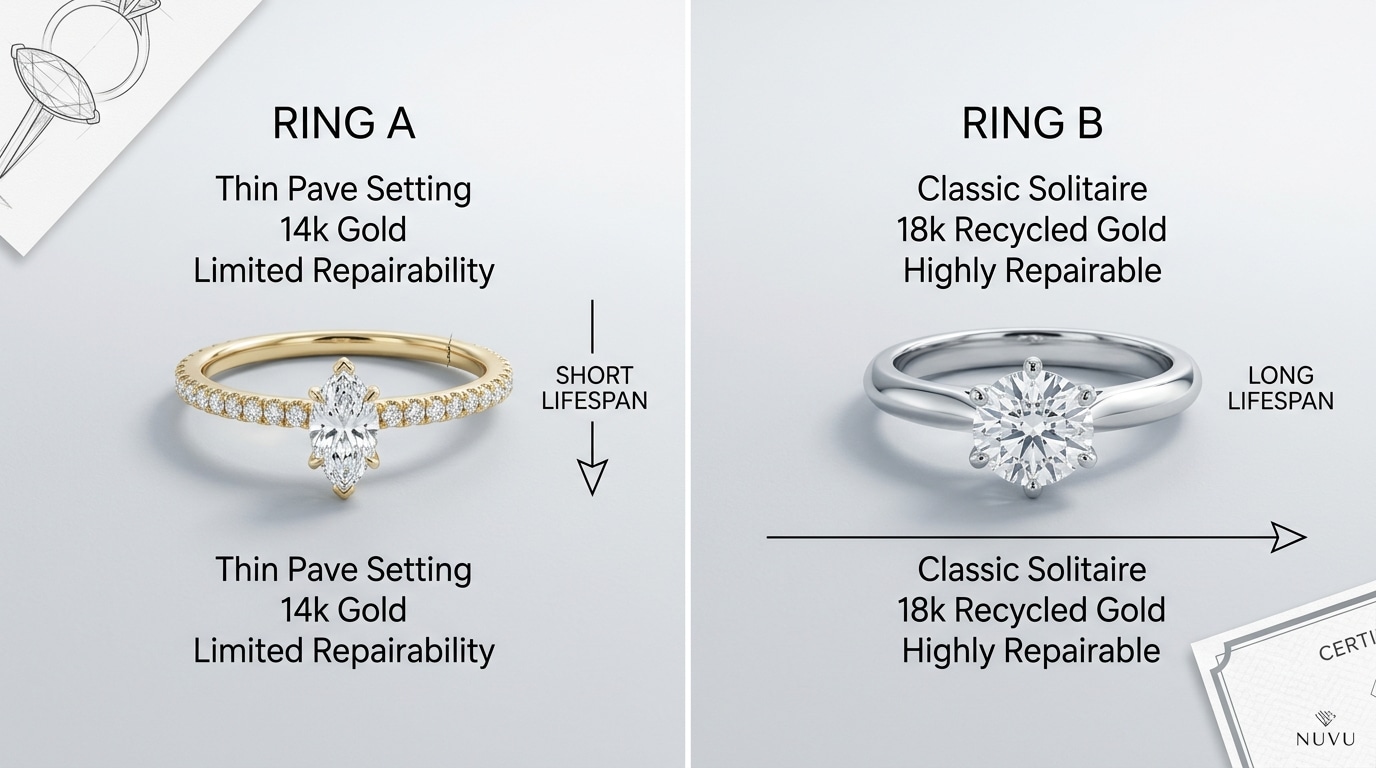 A split diagram showing "Ring A" (thin pave, 14k, no repairability) with a short lifespan arrow versus "Ring B" (classic solitaire, 18k recycled, repairable) with a long lifespan arrow
