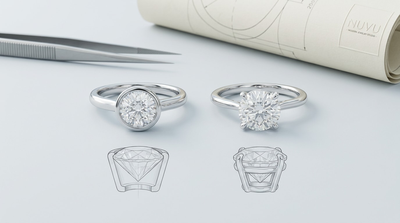 Comparison illustration showing a bezel setting and a prong setting side by side, with a cross-section view of how each holds the diamond