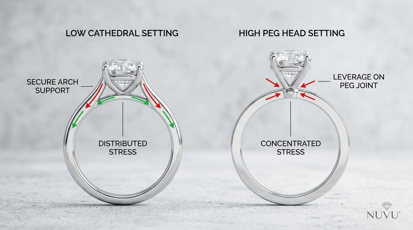 Side-view diagram comparing a low cathedral setting with a high peg head, showing stress distribution points