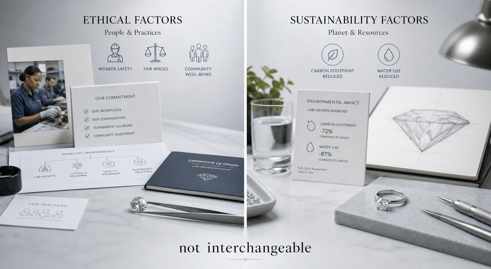 Side-by-side comparison illustration showing ethical factors like worker safety and fair wages on one side, and sustainability factors like carbon footprint and water use on the other, with the words "not interchangeable" centered below