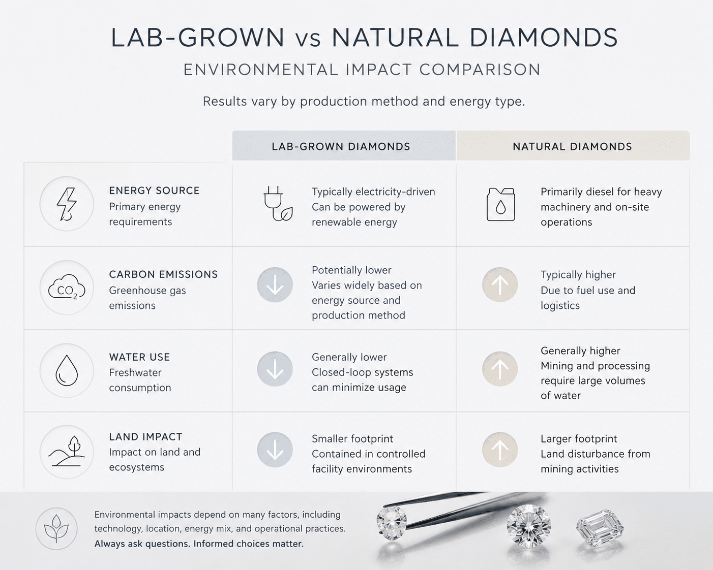 Infographic comparing environmental factors across natural and lab-grown diamond production, with separate metrics for energy source, carbon emissions, water use, and land impact, noting that results vary by production method and energy type