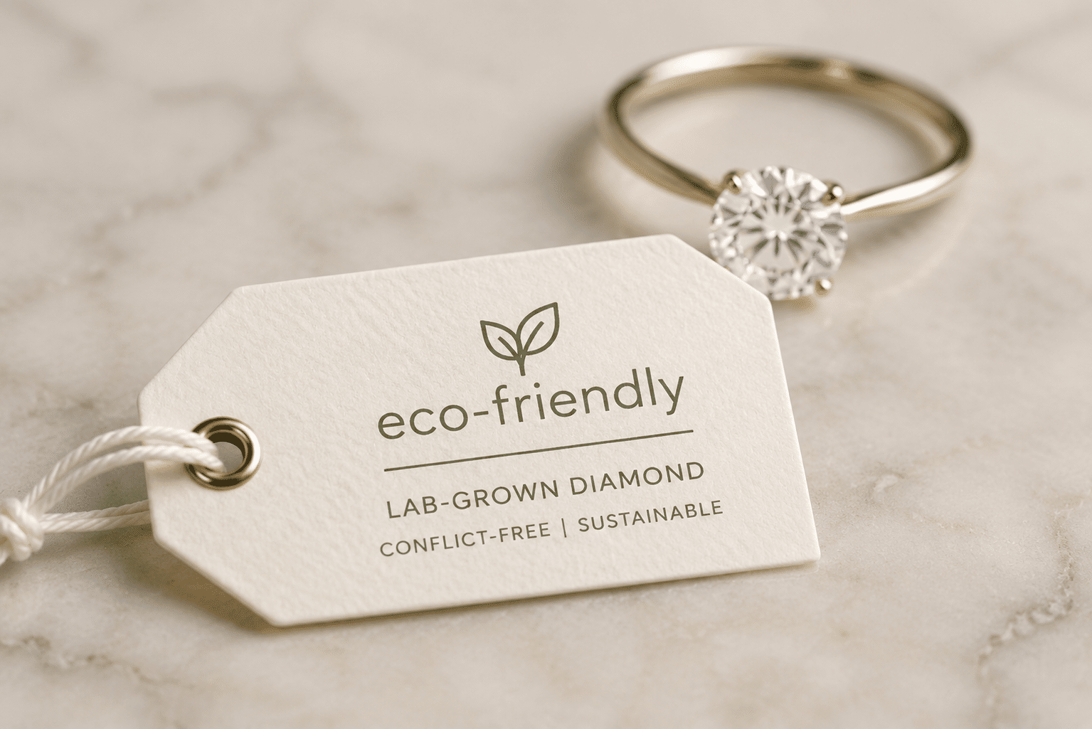 Close-up of a jewelry price tag with the word "eco-friendly" printed on it, set against a countertop with a diamond ring in the background