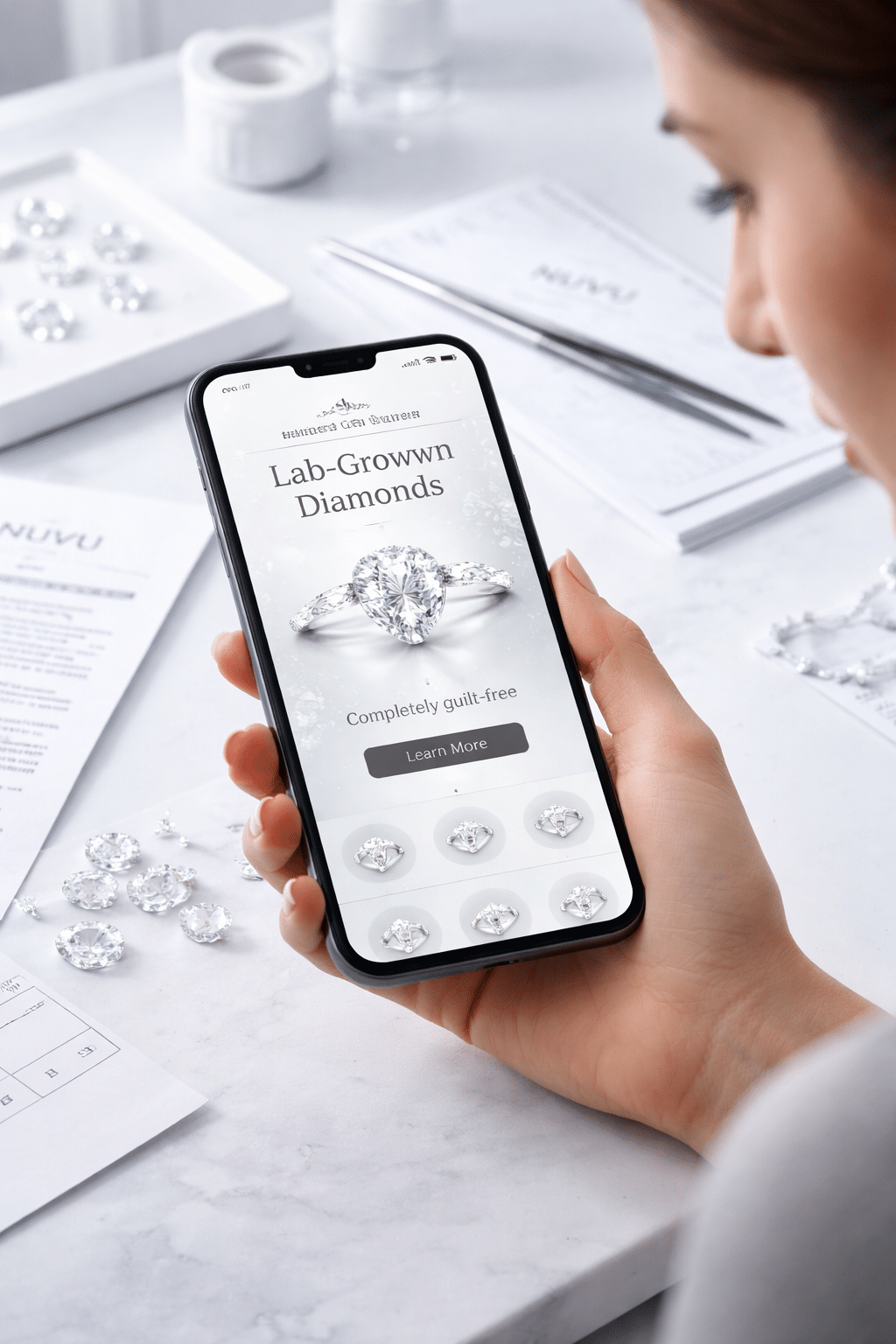 A hand holding a smartphone displaying a jewelry website with the phrase "completely guilt-free" highlighted, with a skeptical expression visible on the shopper’s face