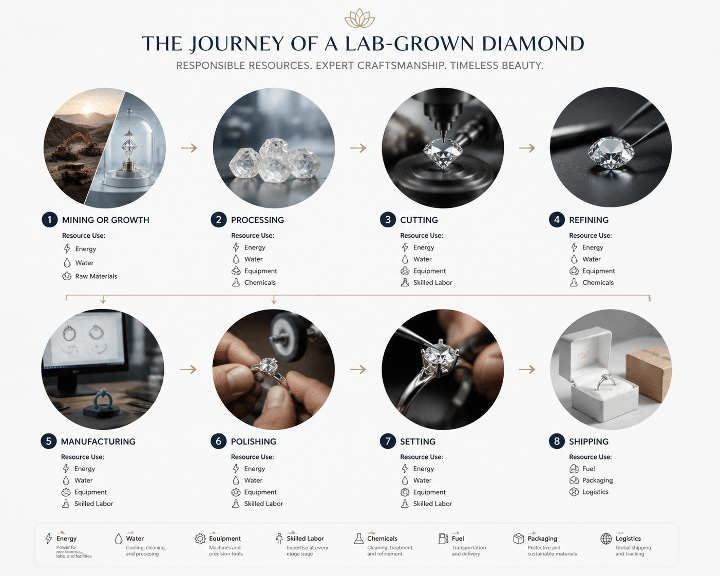 A diagram showing the full jewelry production chain from rough material extraction to final delivery, with each step labeled by resource use: mining or growth, processing, cutting, refining, manufacturing, polishing, setting, and shipping