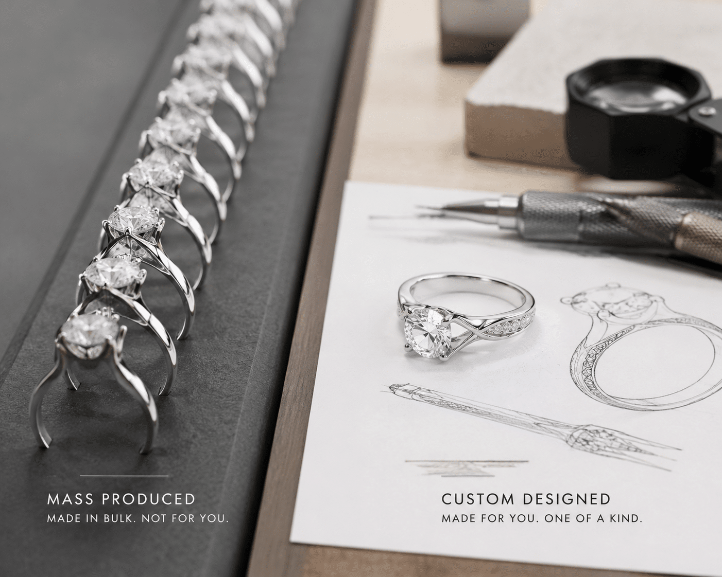 Side-by-side comparison showing a row of identical mass-produced rings and a single custom-designed ring on a workbench