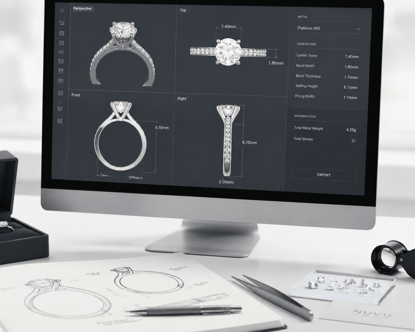 CAD software interface showing a custom ring model with measurements and metal thickness annotations
