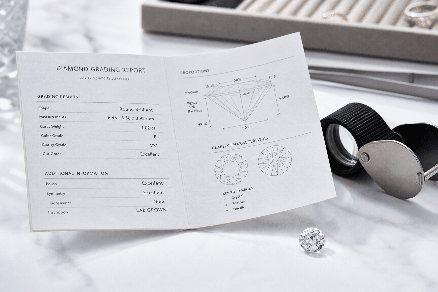 Open grading report next to a loose lab-grown diamond on a white surface, with a jeweler's loupe