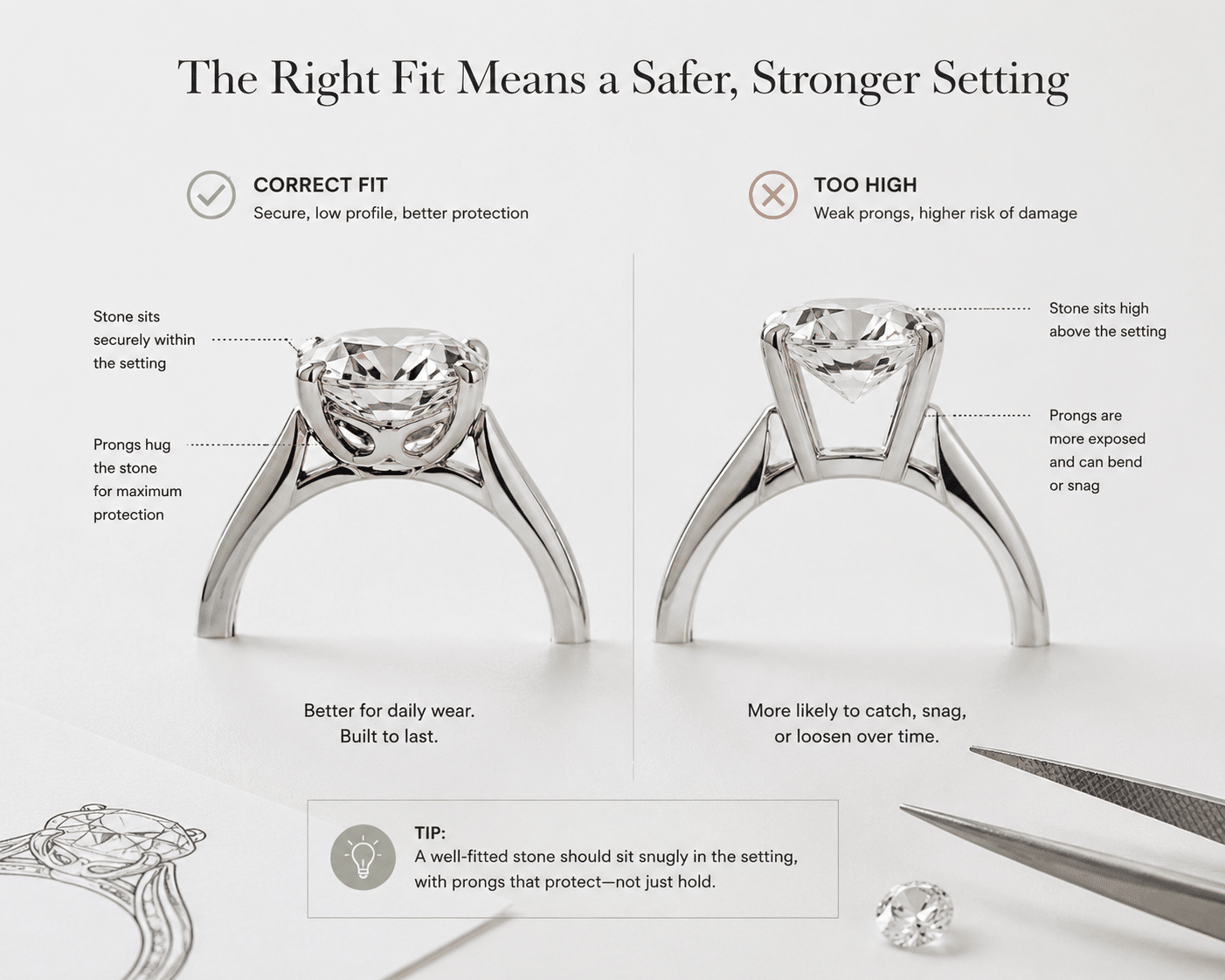 A side-by-side comparison of a center stone that fits safely in its setting versus one that sits too high with weak prongs, with annotations