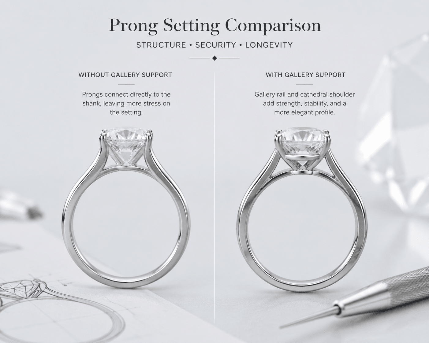 A side-by-side comparison of a prong setting without gallery support and a prong setting with a visible gallery rail and cathedral shoulder, showing the structural difference