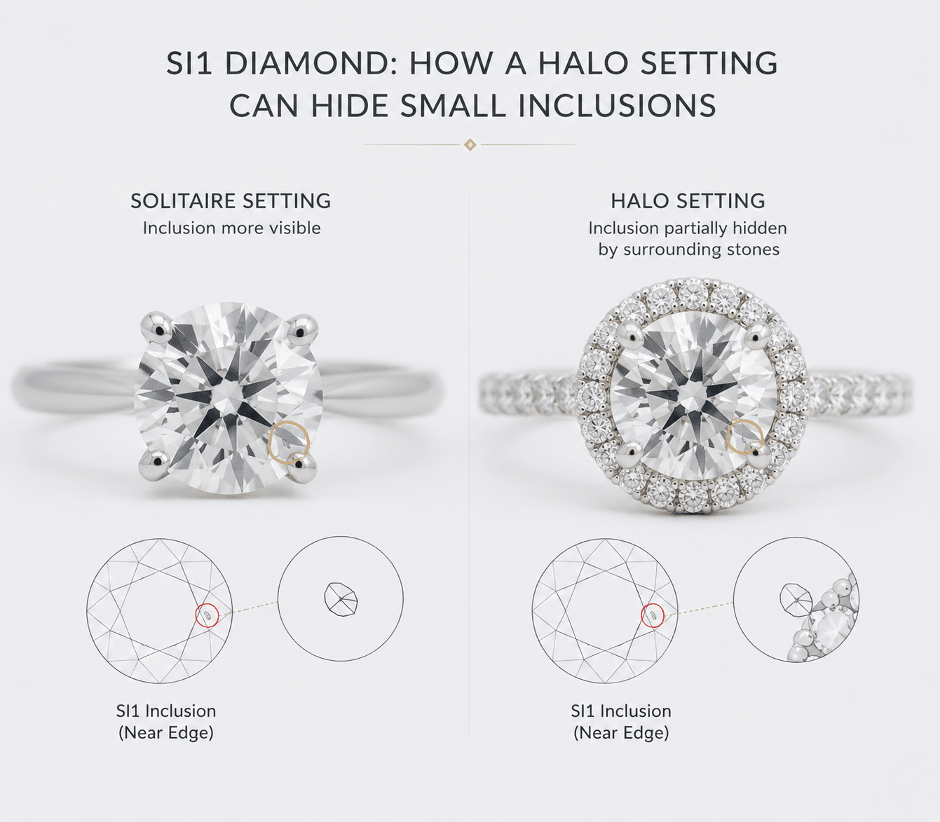 diagram of an SI1 diamond with a small inclusion near the edge, shown first in a solitaire setting and then in a halo setting where the inclusion is partially hidden by side stones