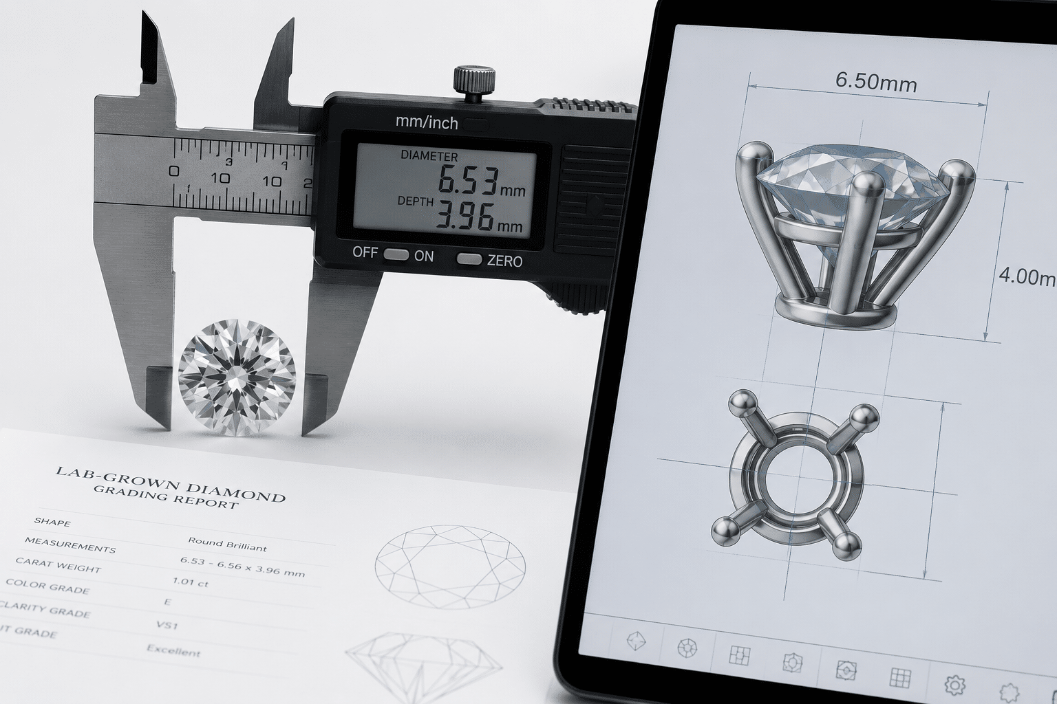 a loose lab-grown diamond with calipers measuring its diameter and depth, shown next to a CAD model of a four-prong setting