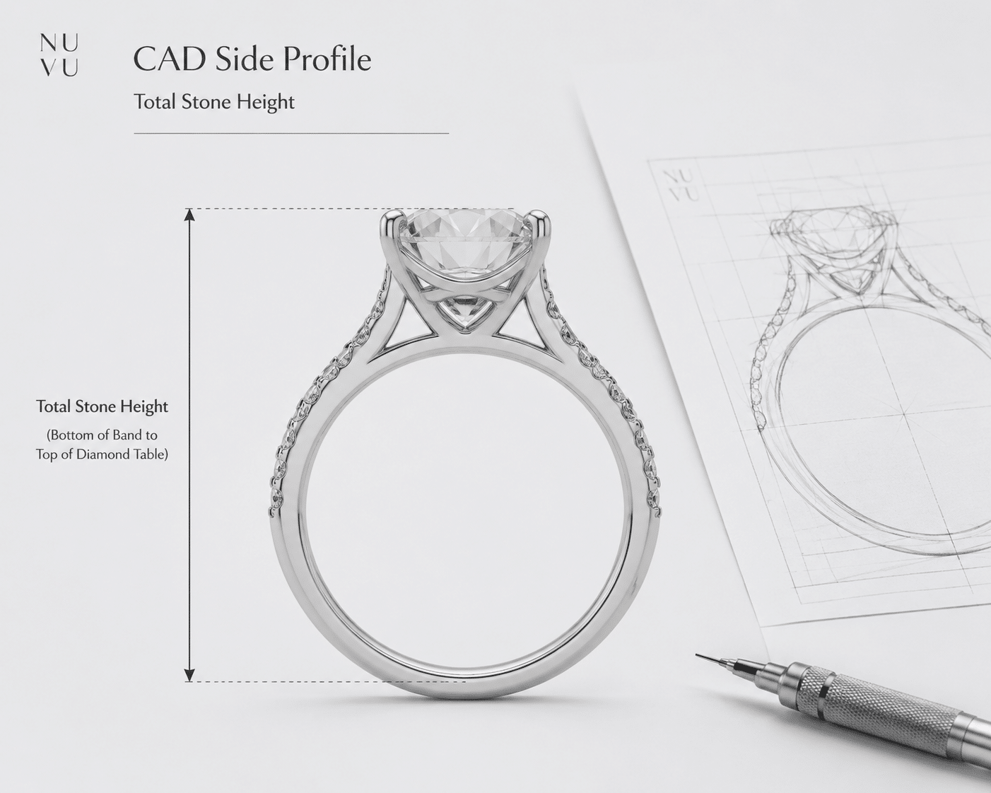 CAD side profile with a labeled measurement arrow showing total stone height from bottom of band to top of diamond table