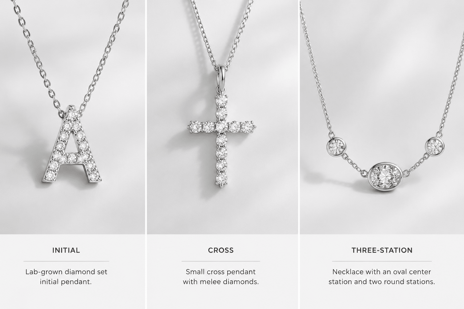 three examples side by side — a lab-grown diamond set initial “A,” a small cross with melee, and a three-station necklace with an oval center station