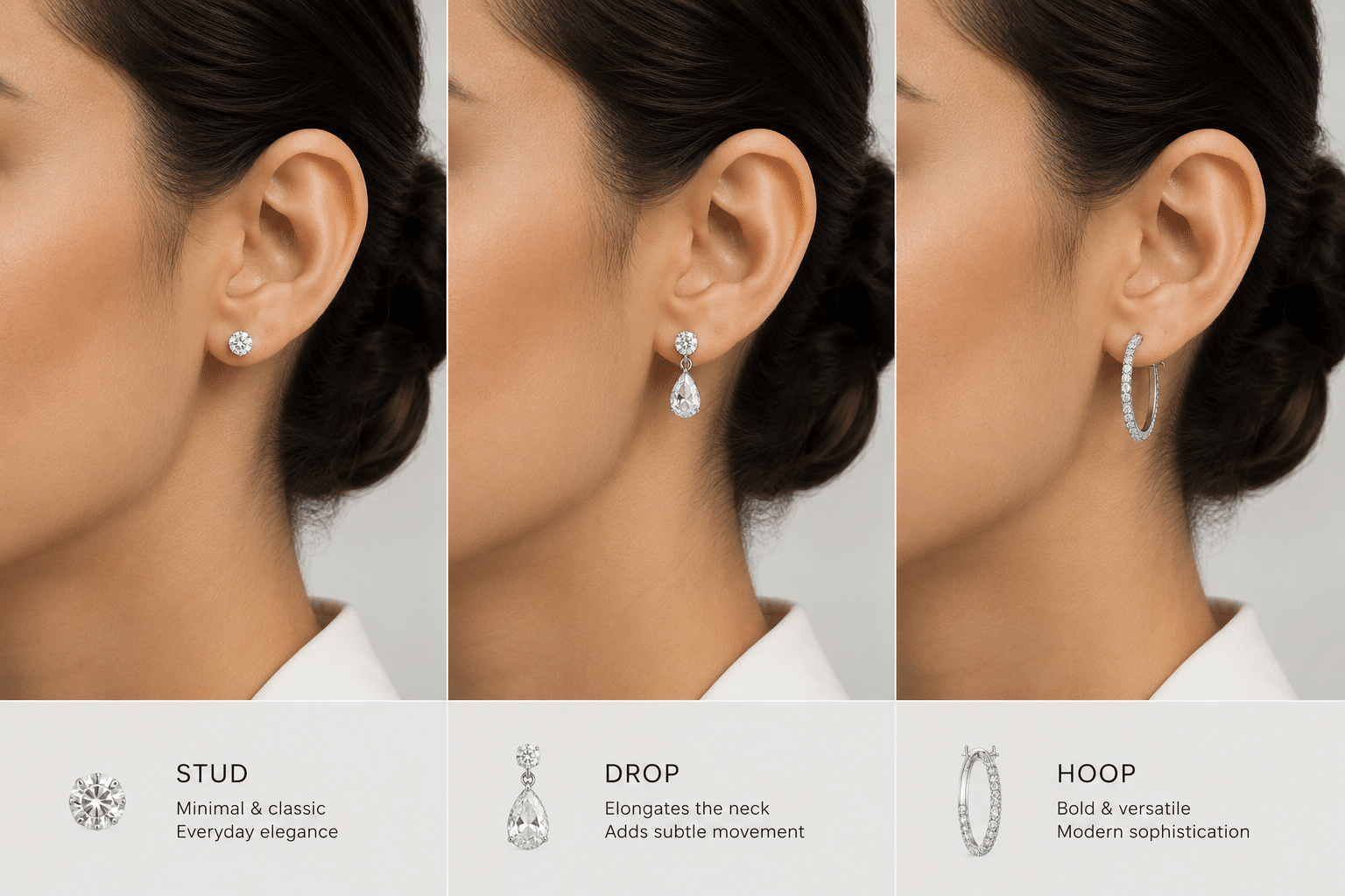 Side-by-side comparison of stud, drop, and hoop earring silhouettes on a human ear model, highlighting proportional differences