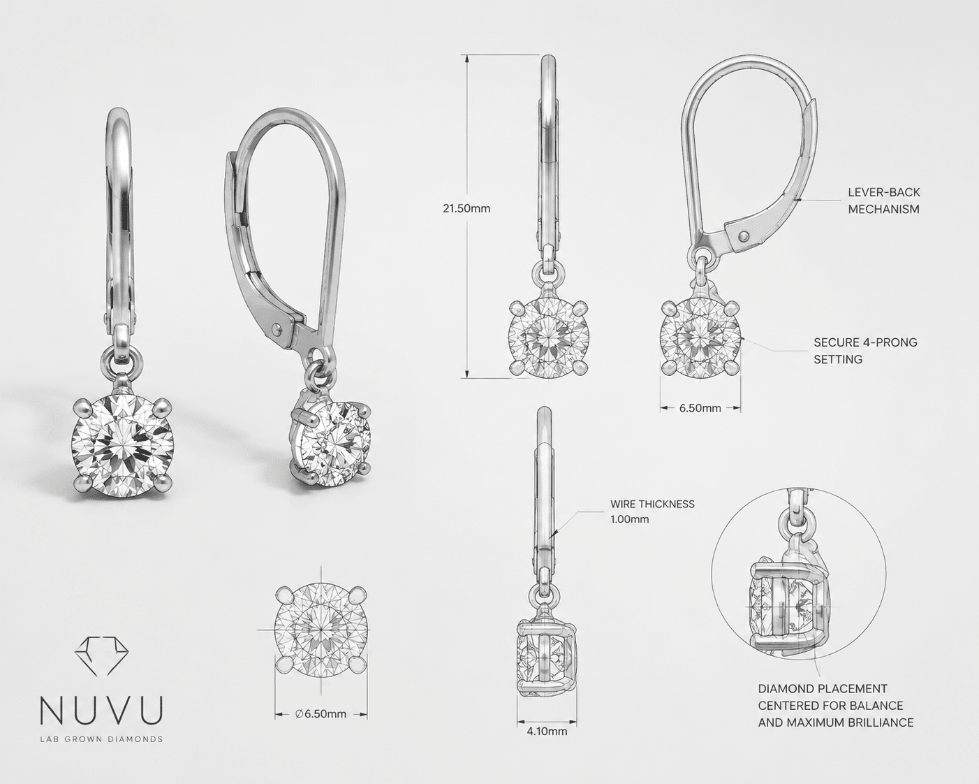CAD rendering of a pair of drop earrings showing wire thickness, diamond placement, and lever-back mechanism