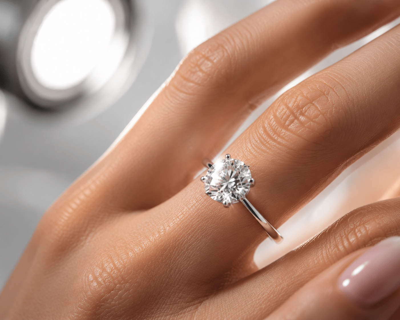 Close-up macro shot of a diamond ring on a model hand showing how studio lighting and angle exaggerate sparkle