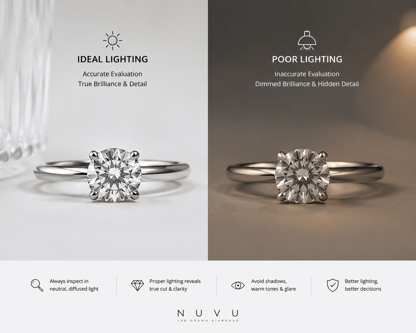 Side-by-side comparison of a custom ring shown in ideal inspection lighting versus poor lighting to demonstrate how lighting affects stone appearance evaluation