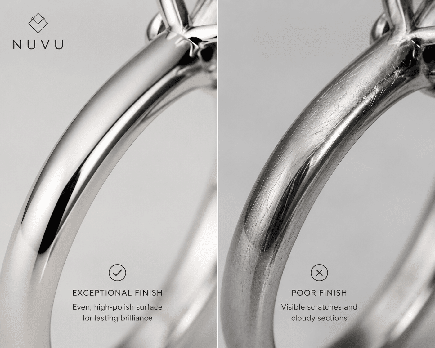Macro photograph of a ring shank showing an even high-polish finish next to a comparison image showing visible parallel scratches and cloudy sections that indicate poor finishing