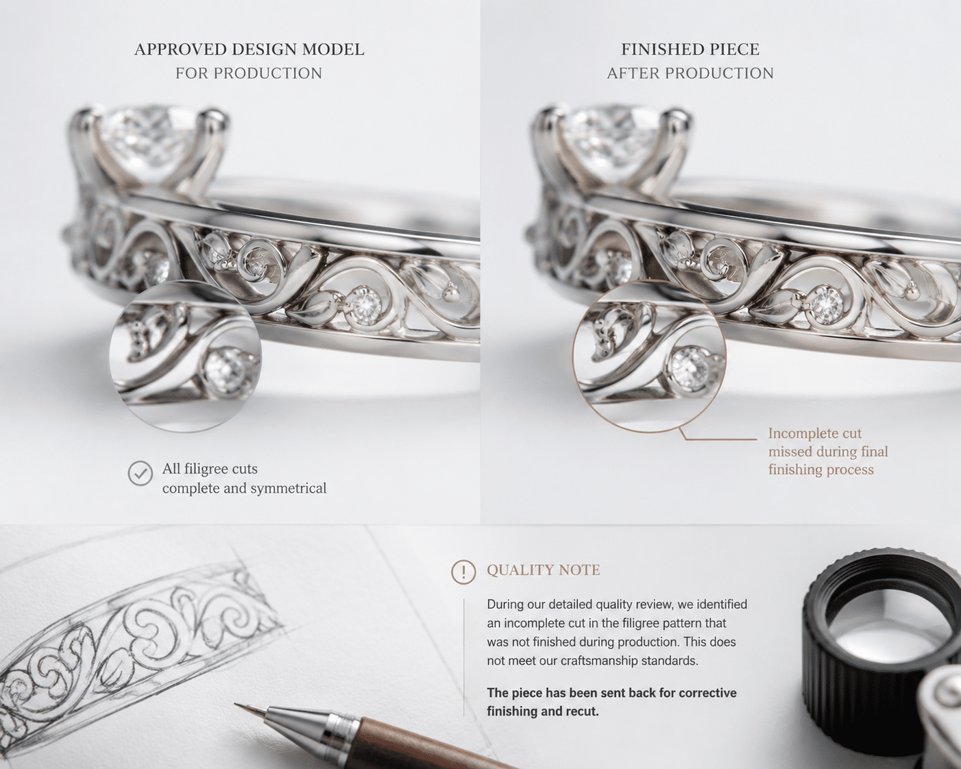 Close-up comparison of a ring filigree pattern showing the approved design model next to the finished piece, with a note on an incomplete cut that was missed during final finishing