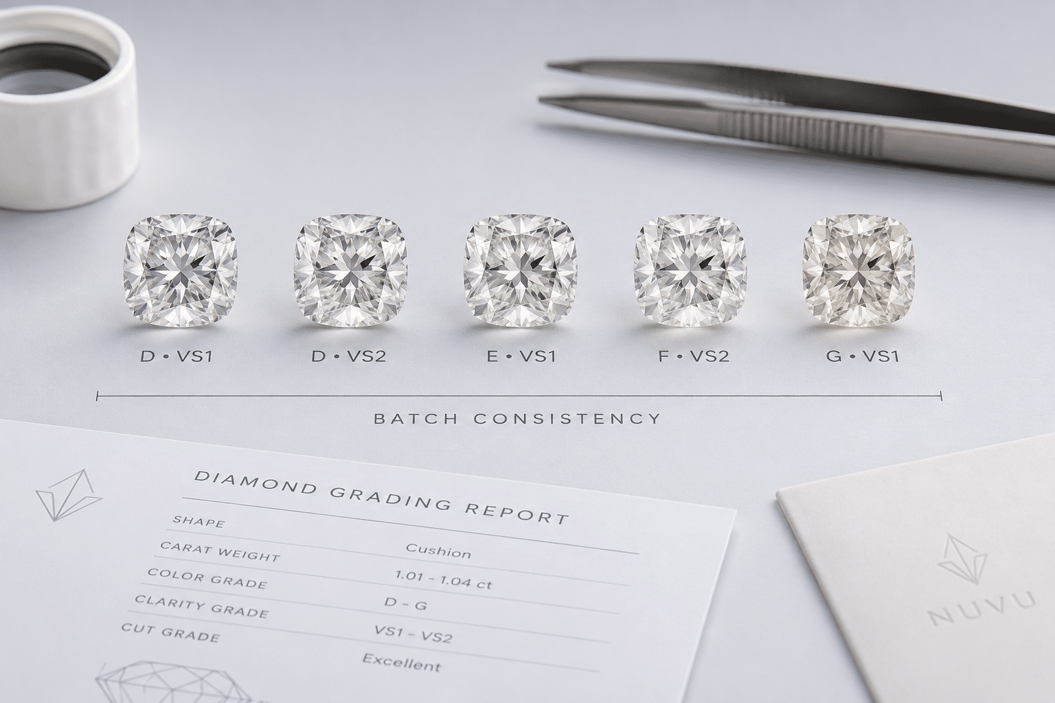 Side-by-side comparison of five loose lab-grown diamonds with slight color and clarity variation, illustrating batch consistency