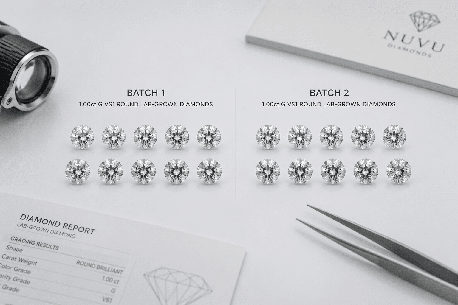Two batches of 1 carat G VS1 round lab-grown diamonds photographed side-by-side to compare color and clarity consistency