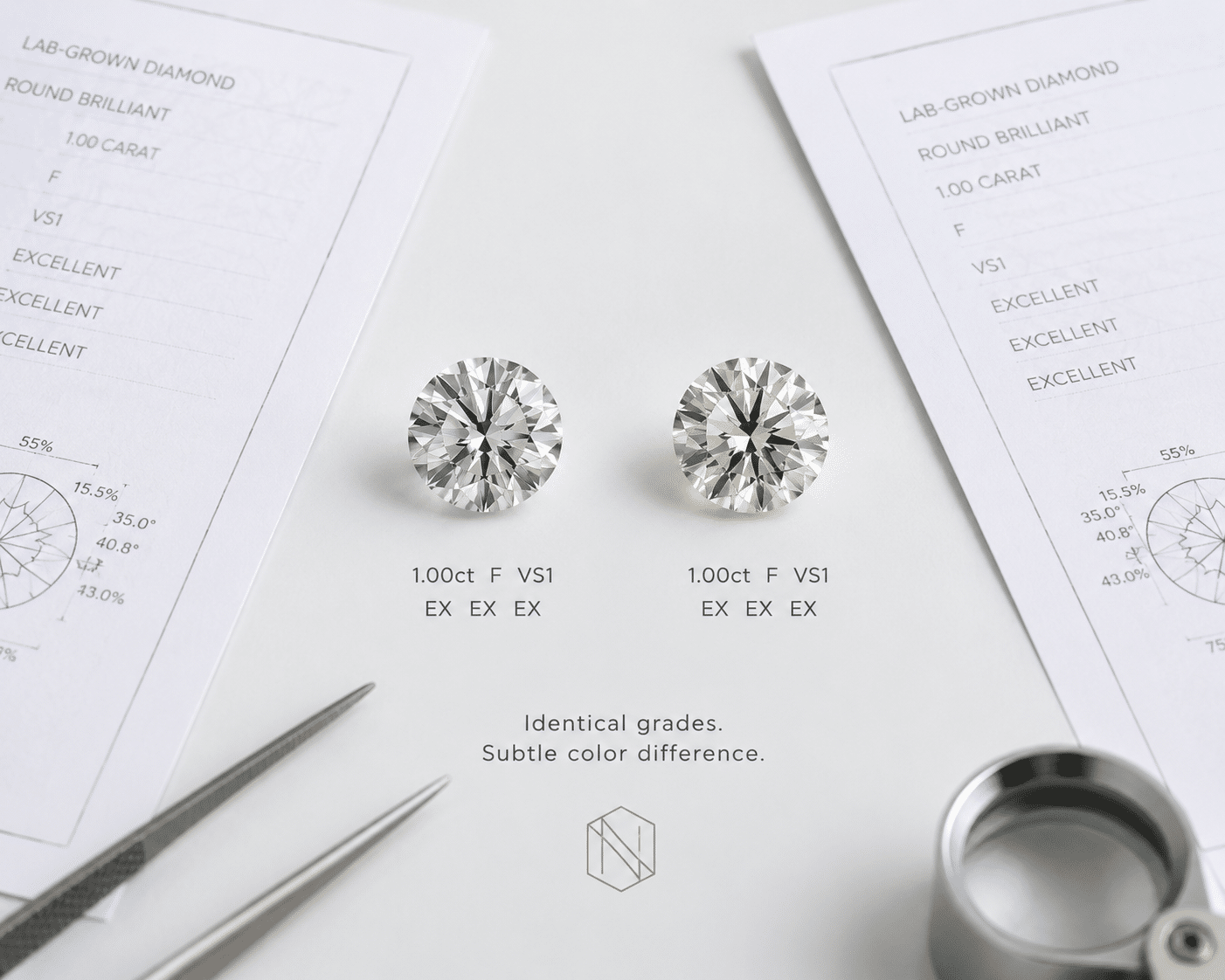 Two loose lab-grown diamonds with identical certificate grades photographed next to each other to show subtle face-up color difference