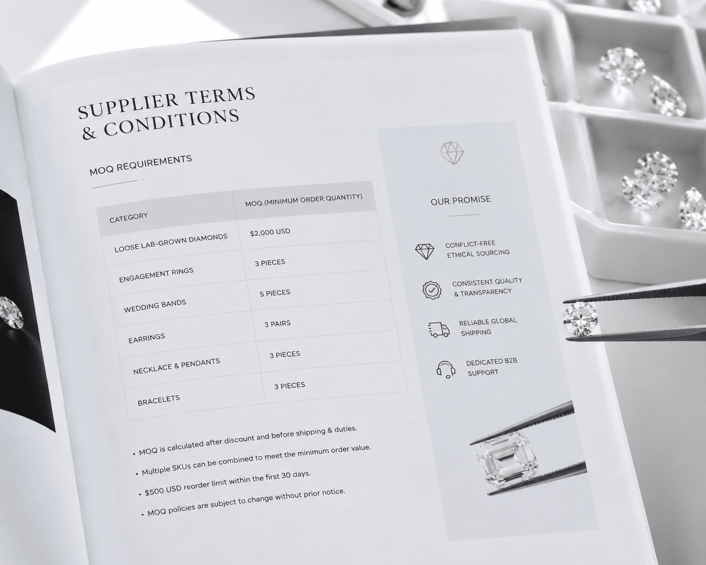Close-up of a supplier's MOQ terms and conditions in a wholesale lab-grown diamond catalog