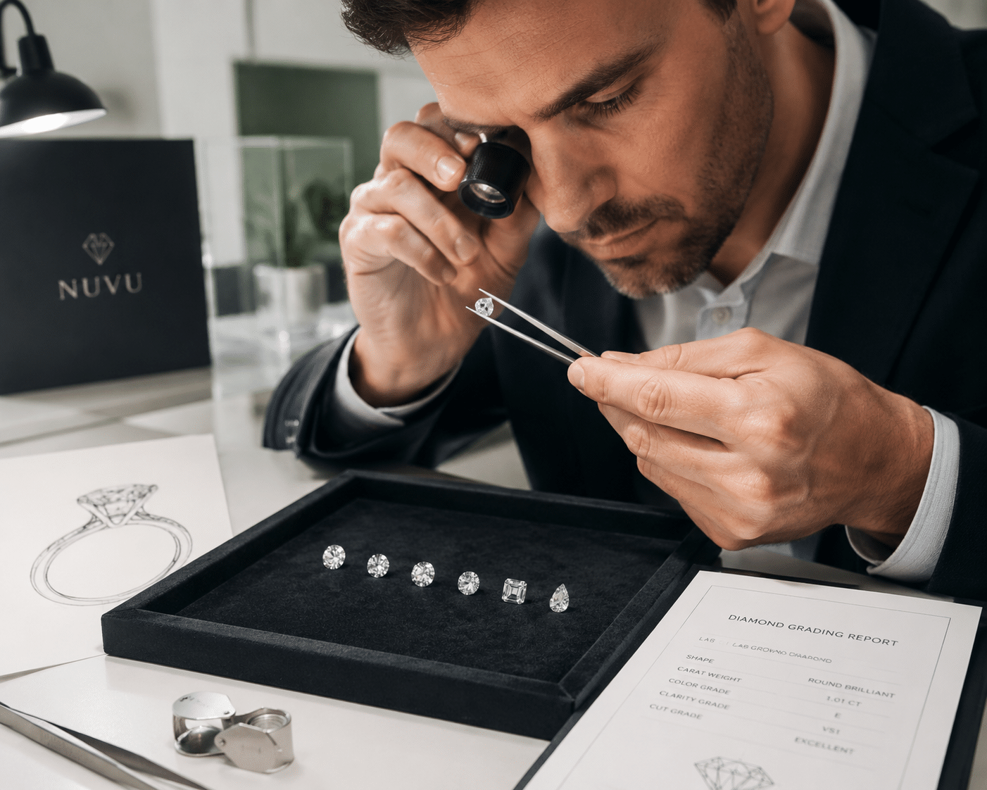 Jeweler examining a loose lab-grown diamond with a loupe, with several graded stones laid out for comparison on a dark velvet pad