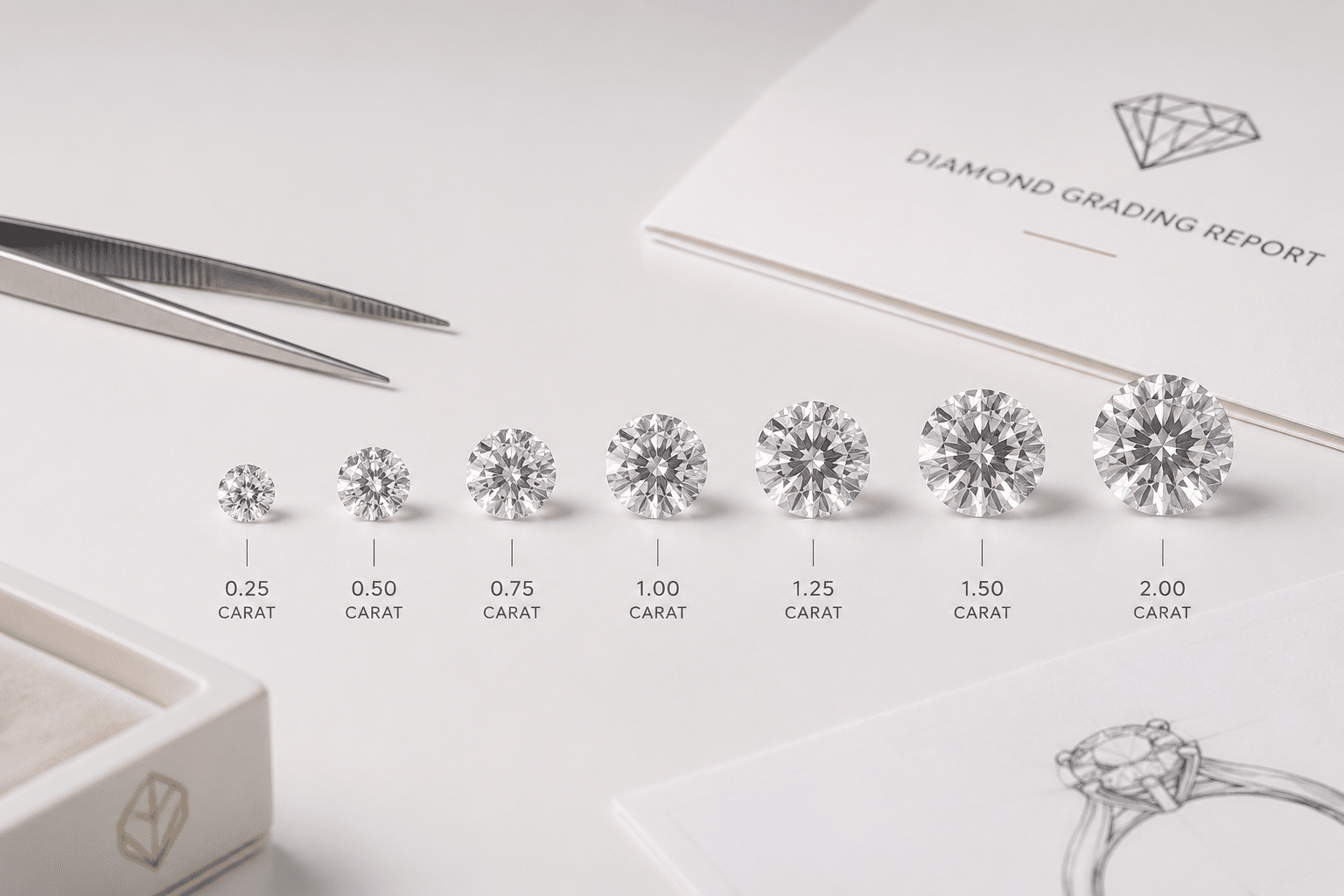 Set of loose lab-grown diamonds in graduated carat sizes from 0.25 to 2 carats arranged in ascending order