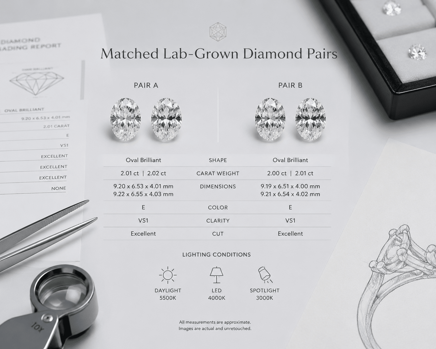 Side-by-side comparison of two matched lab-grown diamond pairs with measurements and lighting conditions labeled