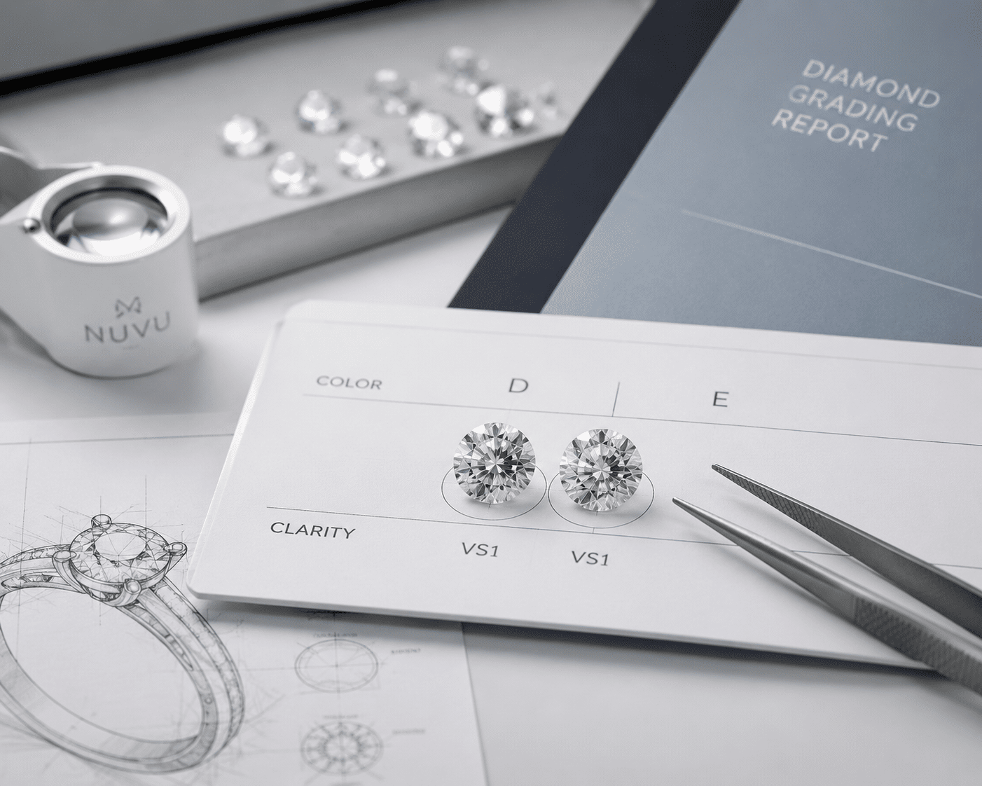 Close-up of lab-grown diamond pairs placed on a white grading surface under neutral lighting to evaluate color consistency